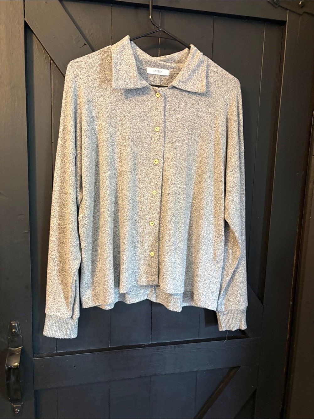 Cherish Heathered Light Gray Button-Front Collared Top